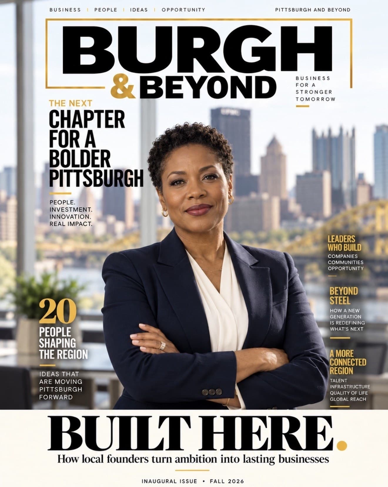 Cover concept for the inaugural issue of The Burgh & Beyond magazine, with the headline “Built Here.”